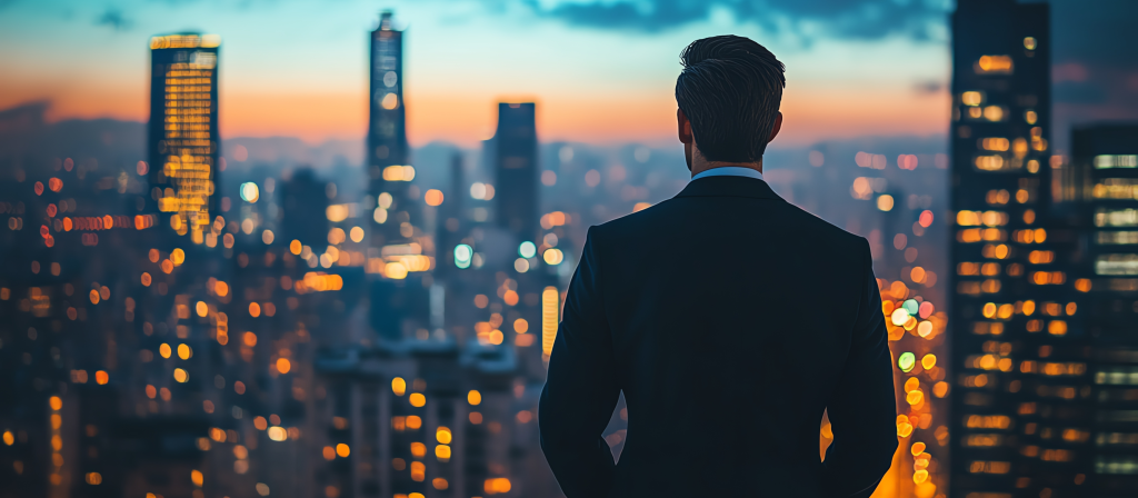 Man in suit looking out office tower window at skyline during sunset