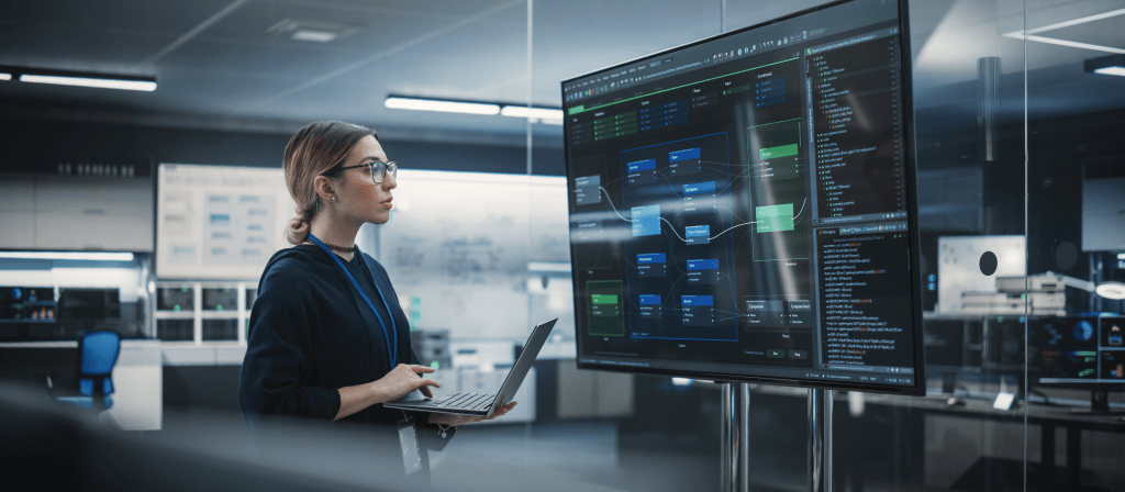 Woman with laptop in front of monitors