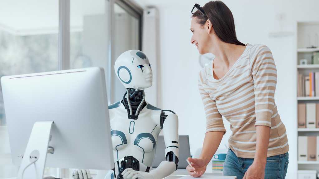 Robot, Human Female, Desk, Computer, Interaction